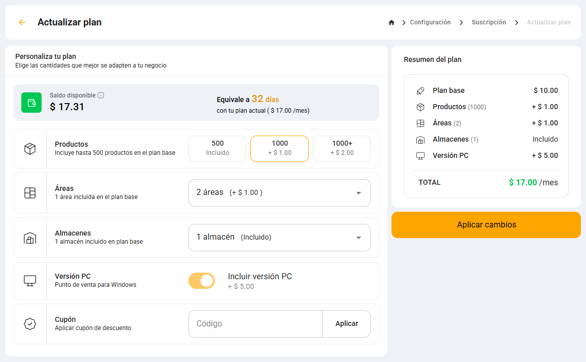 Pantalla para cambiar el plan de BaratieApp